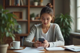 Femme connectée à un webmail académique sur smartphone depuis un bureau à domicile
