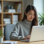 Jeune femme connectée à un webmail académique sur un ordinateur portable dans un bureau universitaire
