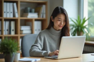 Jeune femme connectée à un webmail académique sur un ordinateur portable dans un bureau universitaire