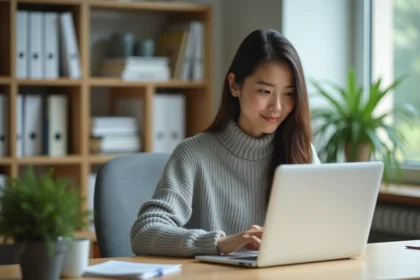 Jeune femme connectée à un webmail académique sur un ordinateur portable dans un bureau universitaire