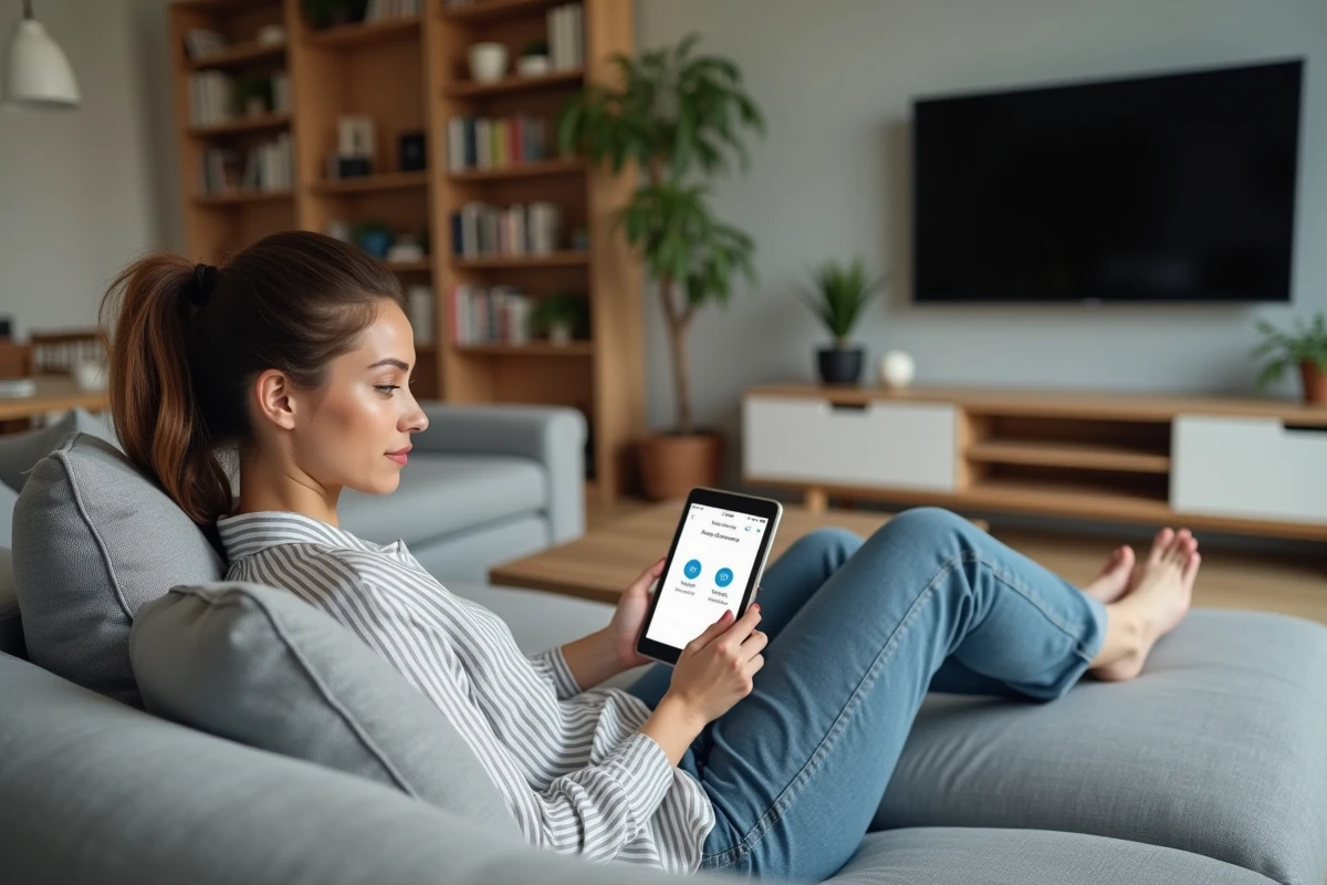Femme gérant les paramètres Wi-Fi de sa Freebox depuis une tablette dans son salon moderne