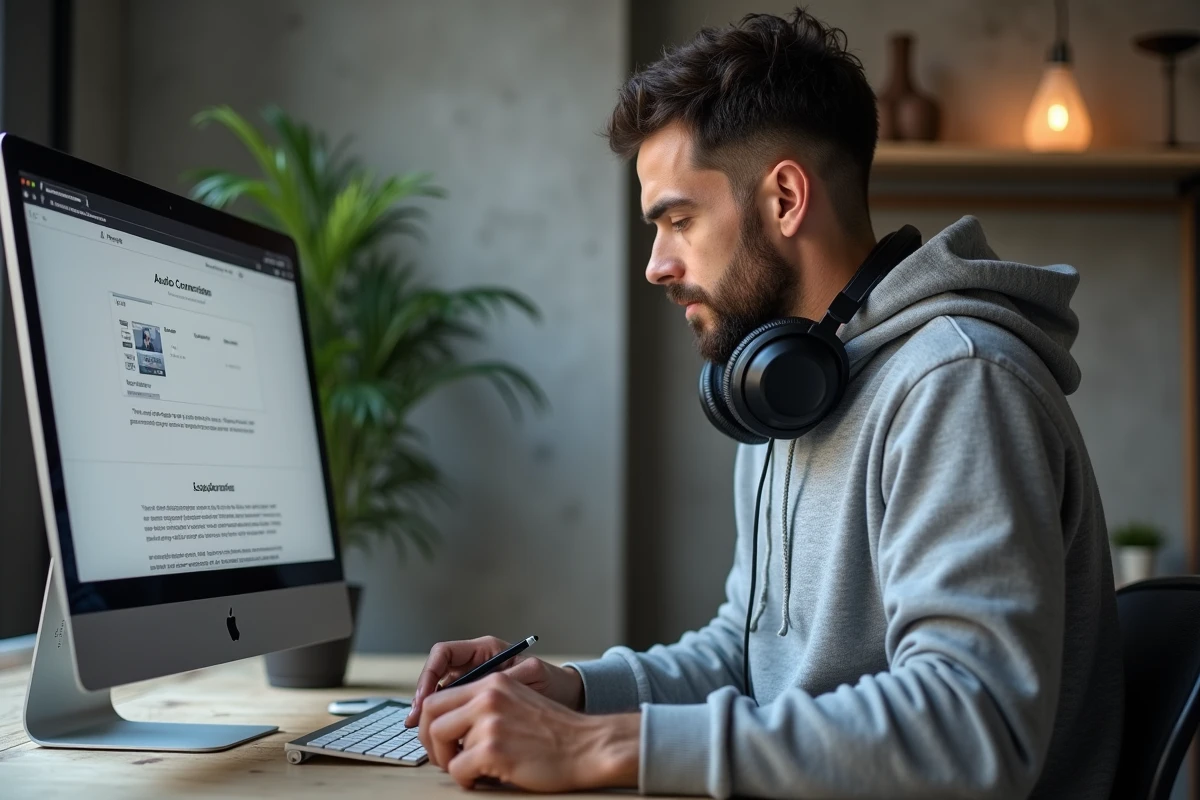 Homme avec casque audio consultant un site de conversion YouTube en MP3 sur ordinateur de bureau dans un appartement moderne