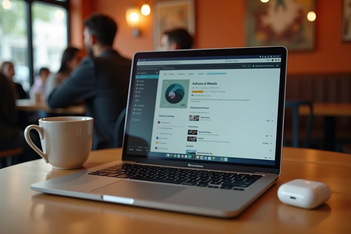 Ordinateur portable dans un café affichant un convertisseur YouTube MP3 en ligne avec écouteurs sans fil posés sur la table