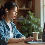 Jeune femme utilisant un convertisseur YouTube MP3 en ligne sur son ordinateur portable dans un bureau à domicile