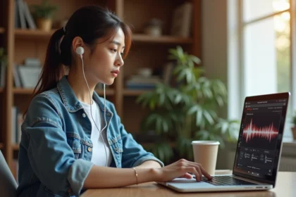 Jeune femme utilisant un convertisseur YouTube MP3 en ligne sur son ordinateur portable dans un bureau à domicile