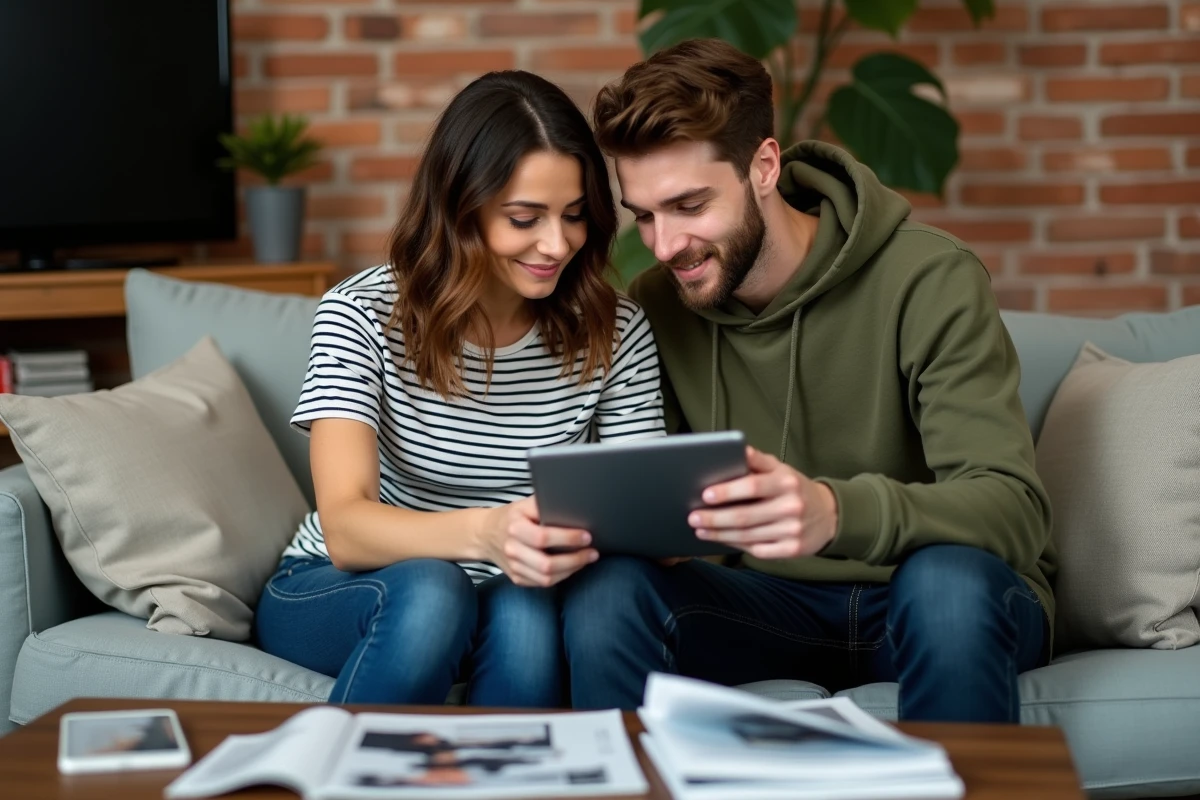 Couple comparant les offres d'abonnement internet SFR sur tablette dans leur appartement