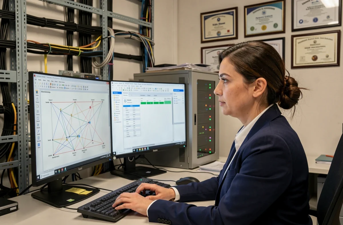 Consultante CSIIM analysant un schéma d'infrastructure réseau sur un double écran dans un bureau informatique professionnel