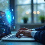 Homme en costume utilisant un ordinateur avec un bouclier holographique en cybersécurité