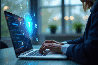 Homme en costume utilisant un ordinateur avec un bouclier holographique en cybersécurité