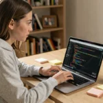 Jeune femme débutante en intégration web codant un formulaire HTML sur son ordinateur portable dans un bureau à domicile