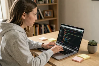 Jeune femme débutante en intégration web codant un formulaire HTML sur son ordinateur portable dans un bureau à domicile