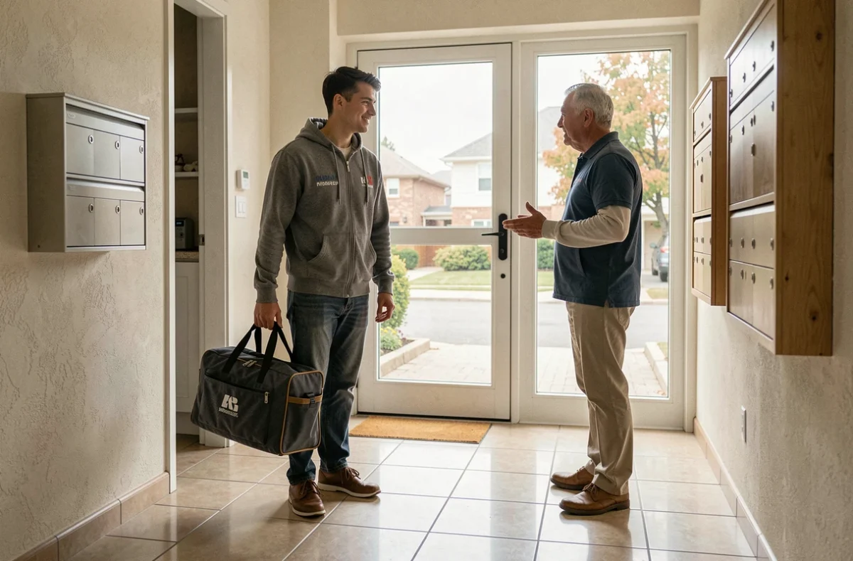Technicien Depan-PC arrivant chez un client avec son sac à outils à l'entrée d'un immeuble résidentiel