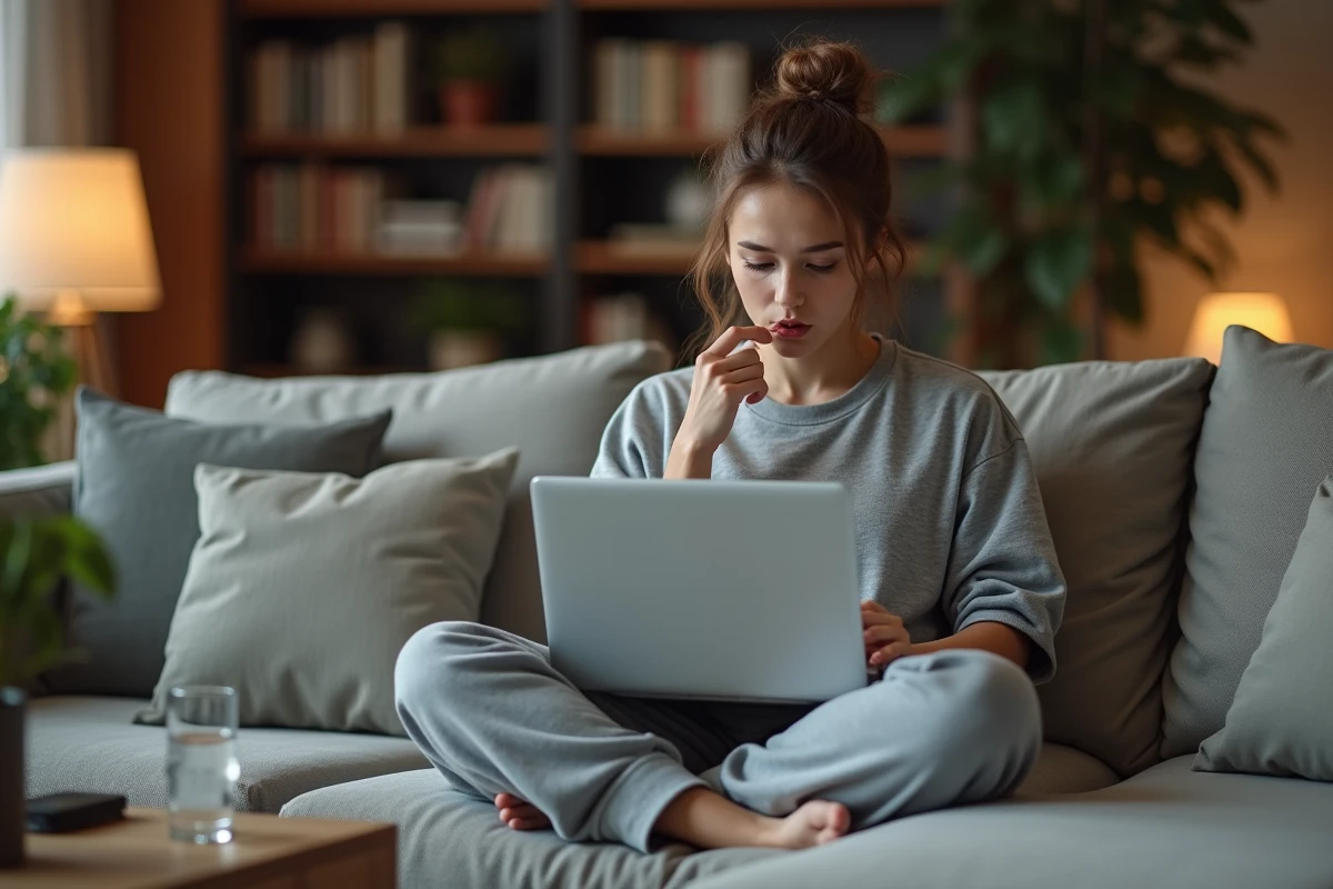 Femme utilisant un laptop sur un canapé pour résoudre une erreur de clé de licence FiveM