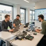 Bureau d'une entreprise de dépannage informatique dans les Hauts-de-Seine avec des techniciens au travail sur des ordinateurs portables