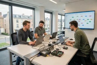 Bureau d'une entreprise de dépannage informatique dans les Hauts-de-Seine avec des techniciens au travail sur des ordinateurs portables