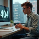 Jeune developpeur regardant un ecran avec erreur 404