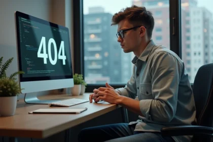 Jeune developpeur regardant un ecran avec erreur 404