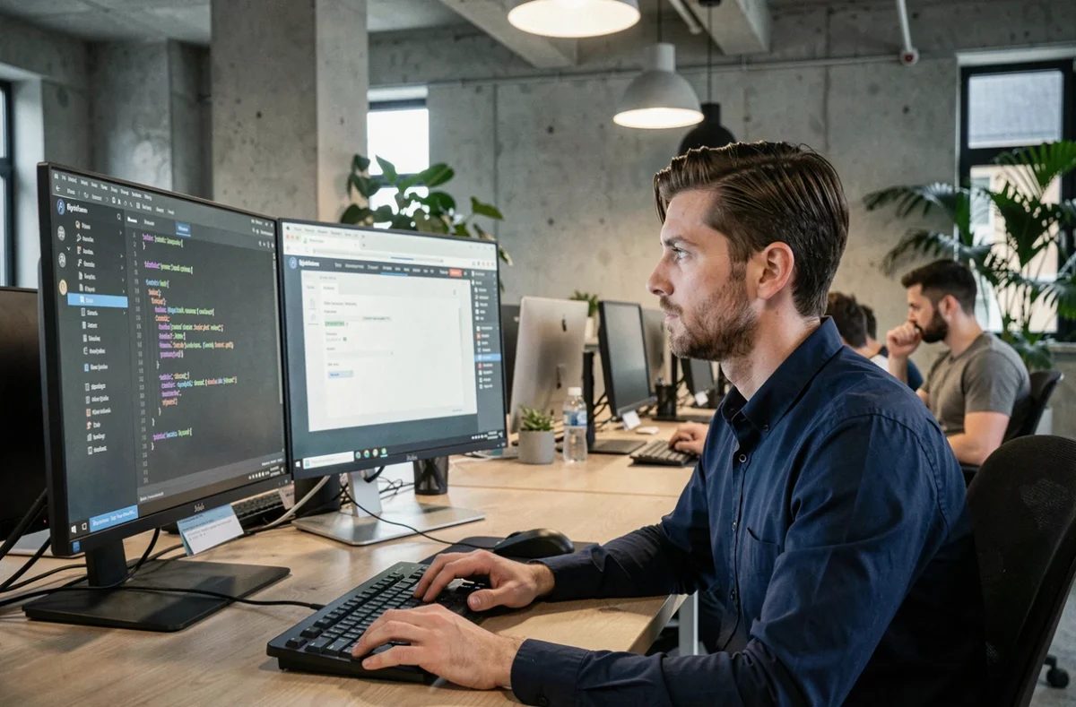 Développeur web masculin consultant un éditeur de code HTML avec aperçu de formulaire dans un espace de coworking moderne