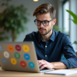 Jeune developpeur en coworking avec ordinateur portable