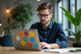 Jeune developpeur en coworking avec ordinateur portable