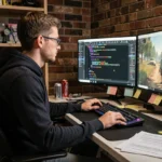 Développeur de mods GTA V concentré sur des scripts avancés devant un double écran affichant du code