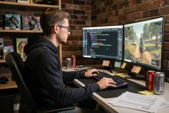 Développeur de mods GTA V concentré sur des scripts avancés devant un double écran affichant du code