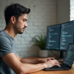 Développeur installant Python et gérant des paquets pip dans un terminal sur un laptop dans un bureau à domicile