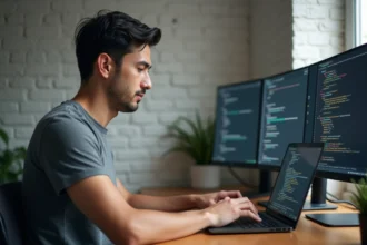 Développeur installant Python et gérant des paquets pip dans un terminal sur un laptop dans un bureau à domicile