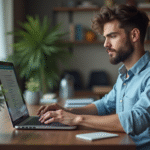 Jeune developpeur web concentré sur son ordinateur portable