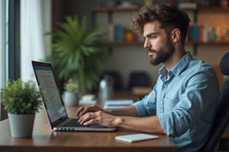 Jeune developpeur web concentré sur son ordinateur portable