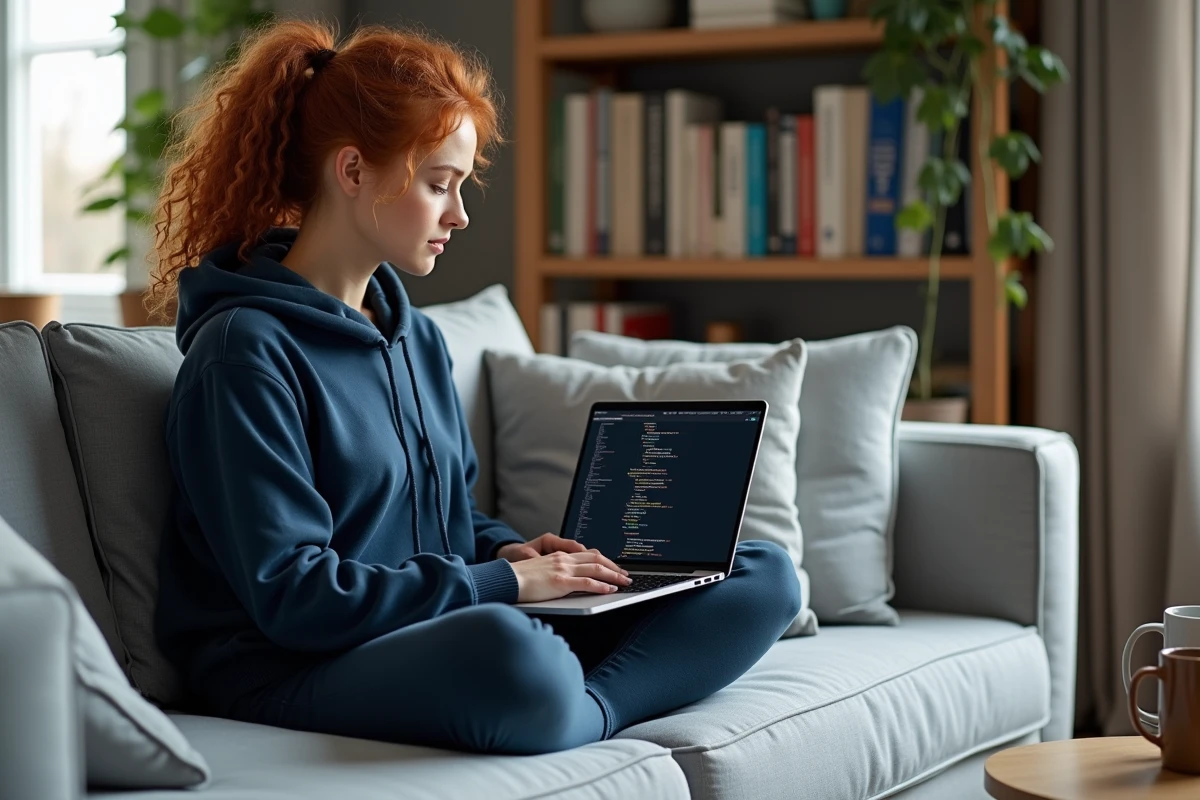 Développeuse comparant pip3 et pipx dans un terminal sur un ordinateur portable posé sur ses genoux dans un salon