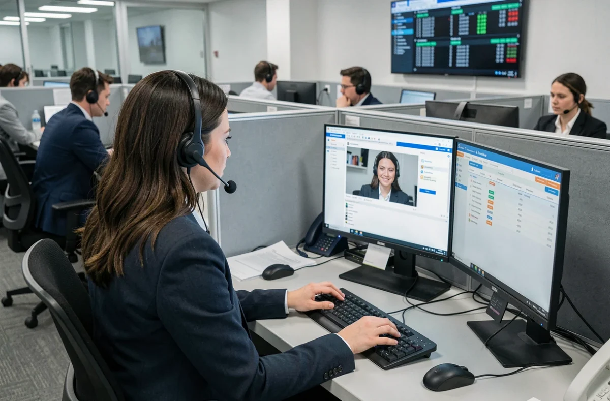 Spécialiste support de DSIT Services gérant une session de bureau à distance depuis un poste de helpdesk