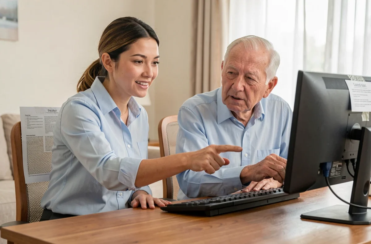 Technicienne Easy Service Informatique aidant un client senior à résoudre un problème logiciel sur son ordinateur de bureau