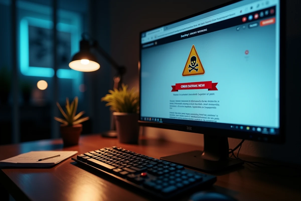 Écran d'ordinateur affichant un avertissement de sécurité pour un site web malveillant et dangereux