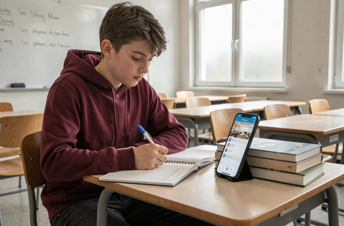 Élève consultant l'application ENT77 sur son smartphone pour accéder à ses devoirs et informations scolaires en classe