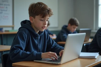 Élève collégien configurant son premier accès ENT Paris Classe Numérique sur un ordinateur portable en salle de classe