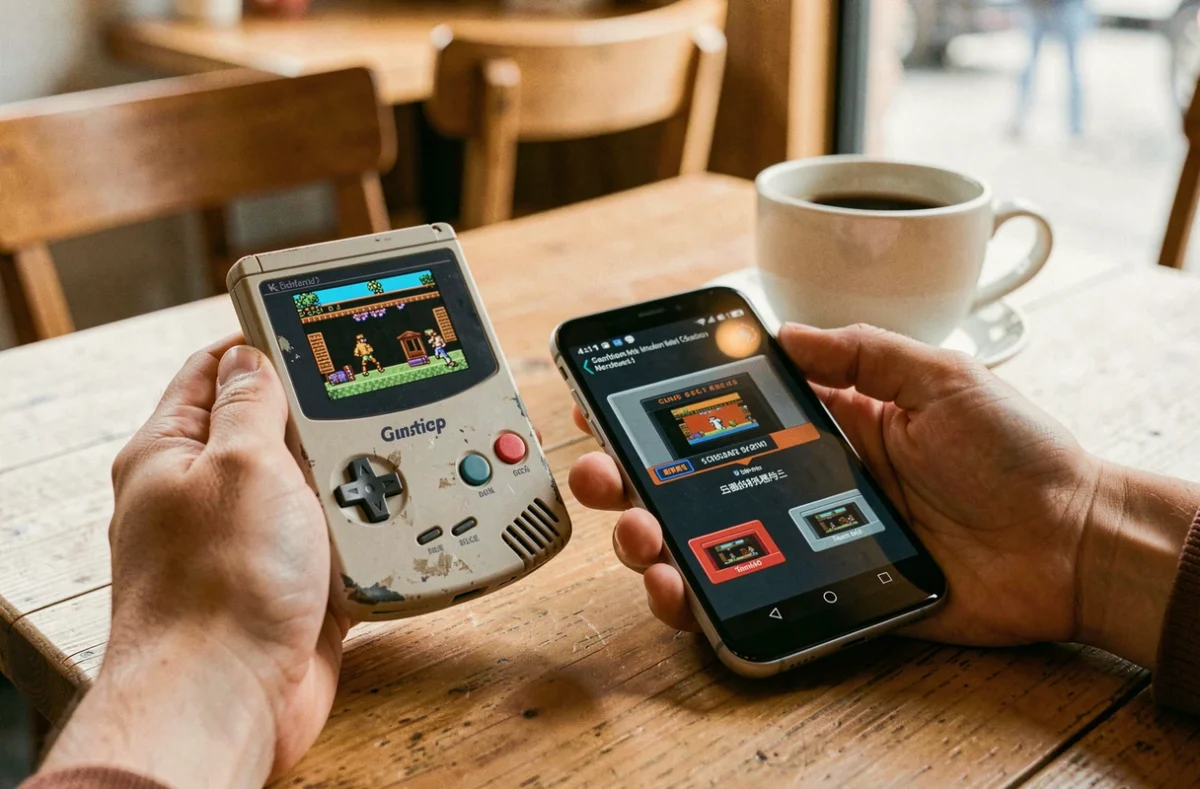 Mains tenant une Game Boy Advance et un smartphone avec émulateur Pokémon GBA dans un café
