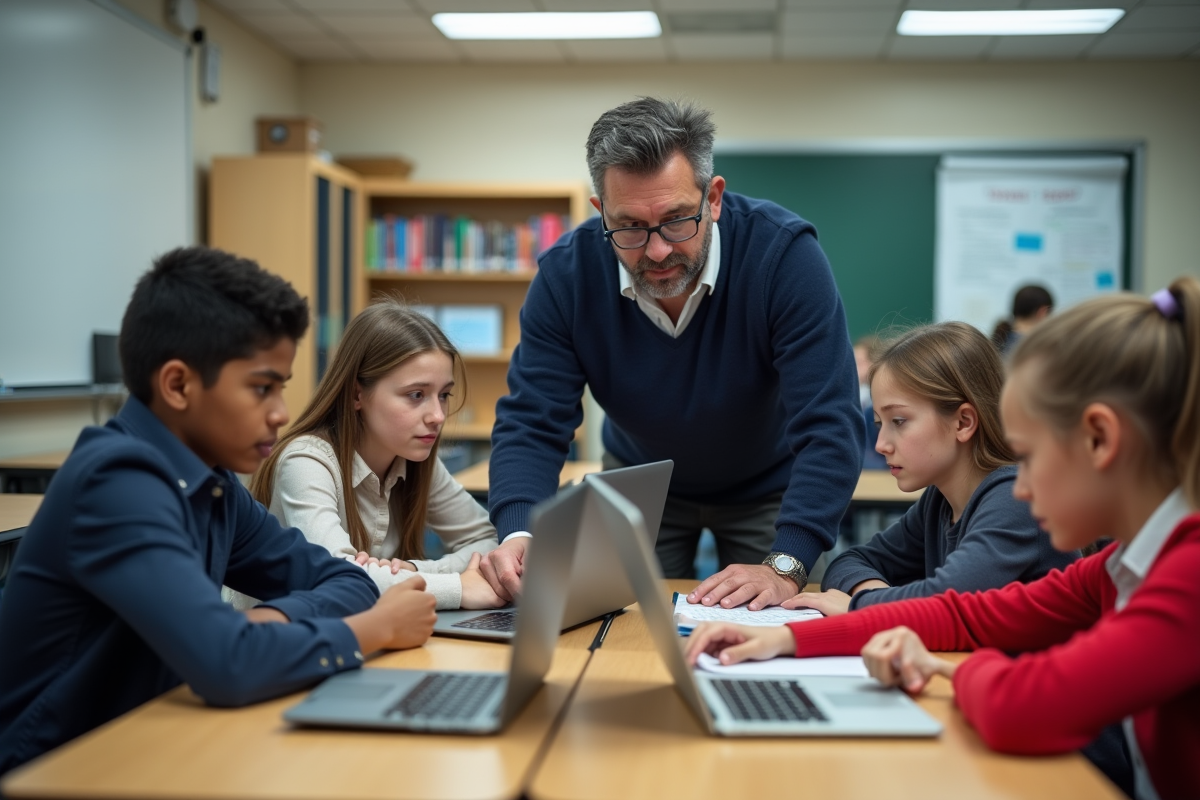 Professeur aidant des lycéens en classe avec ordinateurs et livres