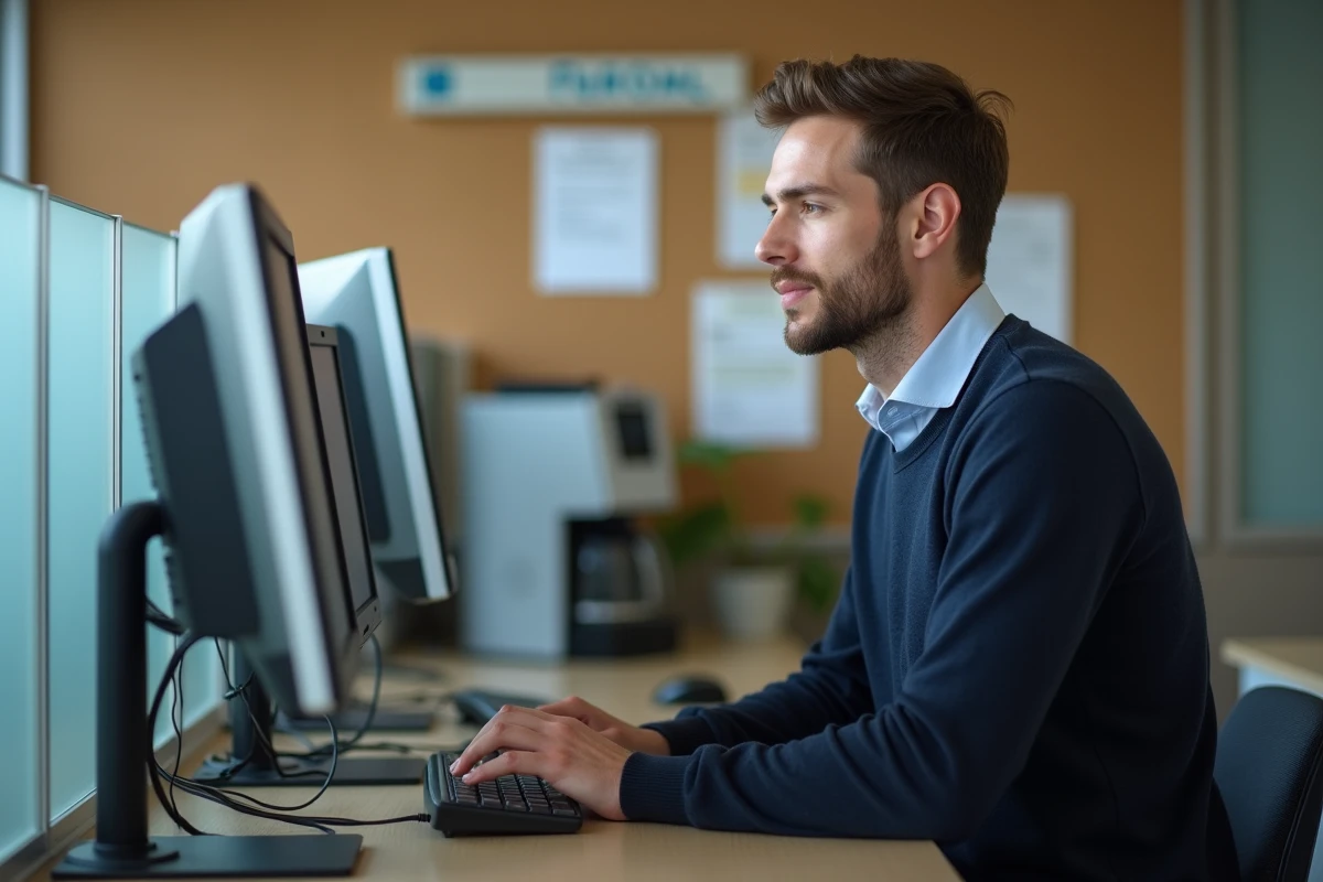 Enseignant consultant le webmail académique de Normandie dans une salle des professeurs