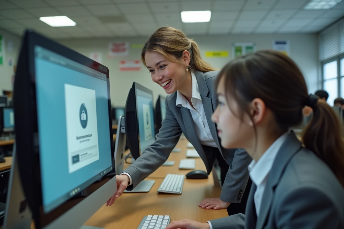 Enseignante aidant un élève à s'authentifier sur l'ENT Paris Classe Numérique dans une salle informatique scolaire