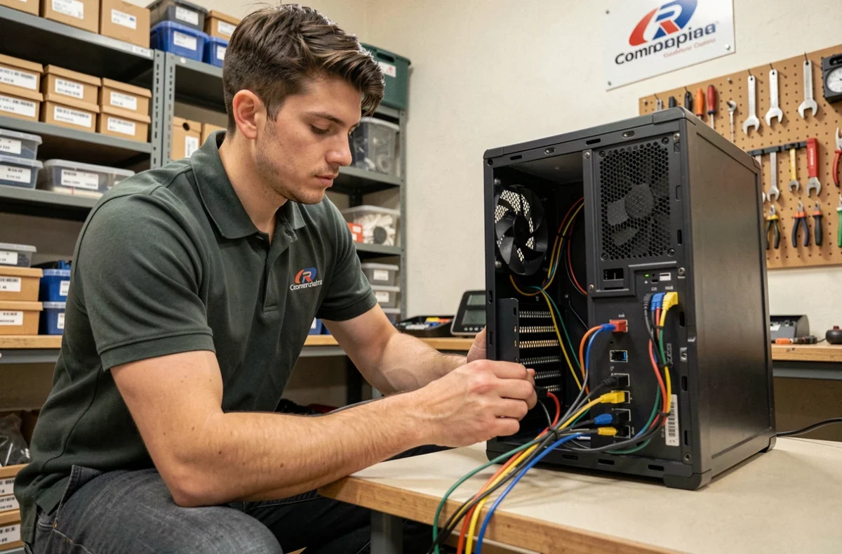 Technicien de la société Eplug n Play effectuant une connexion réseau dans un atelier informatique