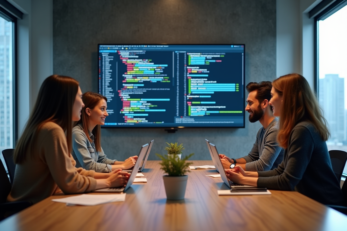 Groupe de developpeurs discutant autour d un ecran code