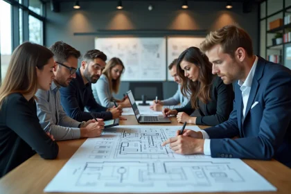 Groupe d'architectes logiciels en réunion collaborative
