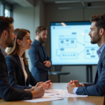 Groupe de jeunes professionnels discutant d'architecture logiciel