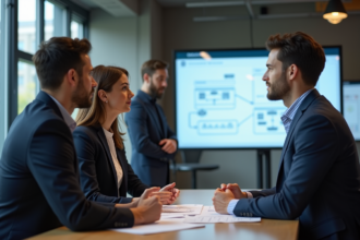 Groupe de jeunes professionnels discutant d'architecture logiciel