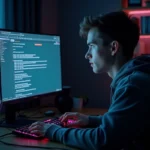 Jeune homme frustré devant un message d'erreur FiveM sur son écran d'ordinateur dans un bureau gaming