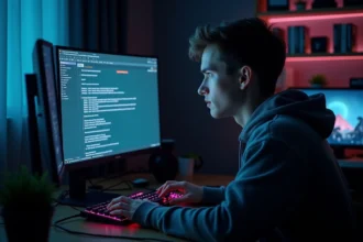 Jeune homme frustré devant un message d'erreur FiveM sur son écran d'ordinateur dans un bureau gaming
