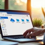 Espace de travail moderne avec ordinateur et dossier OneDrive