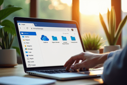 Espace de travail moderne avec ordinateur et dossier OneDrive