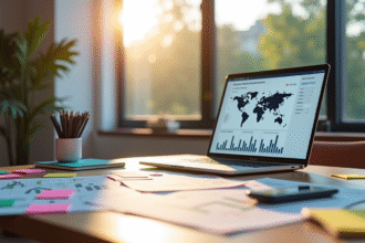 Espace de travail professionnel avec analytics SEO sur ordinateur